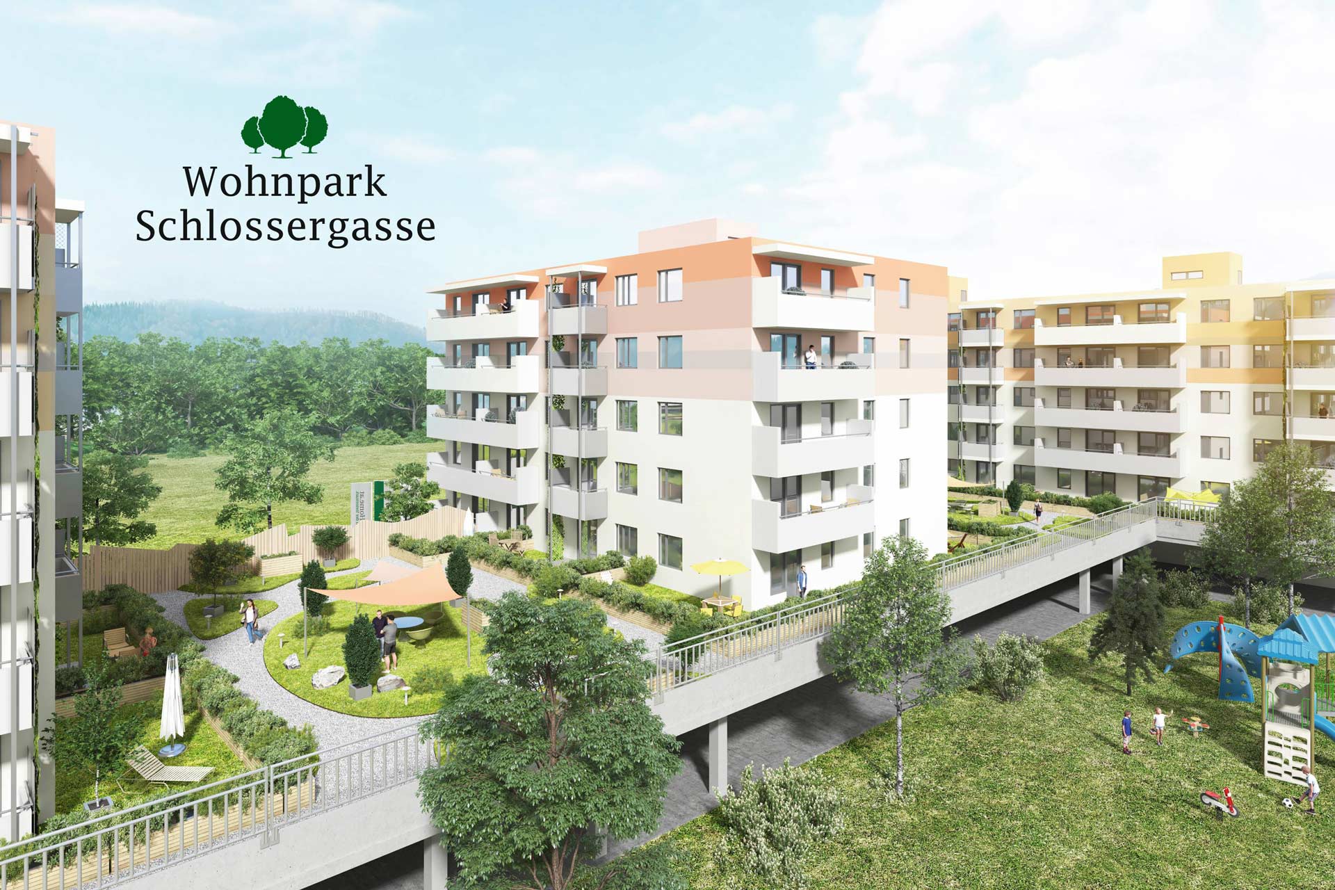 Visualisierung des Wohnparks Schlossergasse mit Grünflächen